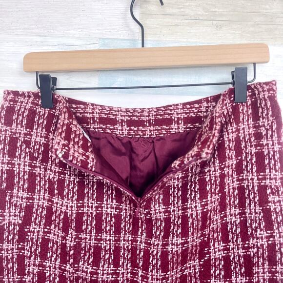 GUESS Vintage 90s Tweed Fringe Trumpet Skirt Red Pink Plaid Clueless Womens 28 - Picture 4 of 5